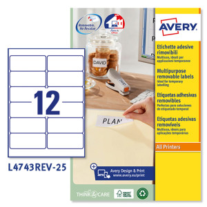 ETICHETTA ADESIVA L4743REV BIANCA RIMOVIBILI 25FG A4 99,1X42,3MM (12ET/FG) LASER COD. L4743REV-25