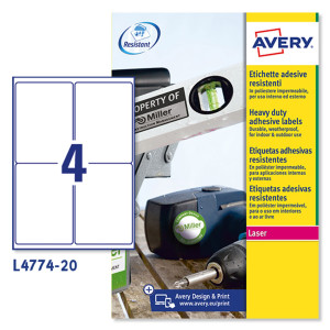 POLIESTERE ADESIVO L4774 BIANCO 20FG A4 99,1X139MM (4ET/FG) LASER AVERY COD. L4774-20