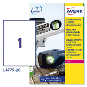 POLIESTERE ADESIVO L4775 BIANCO 20FG A4 210X297MM (1ET/FG) LASER AVERY COD. L4775-20