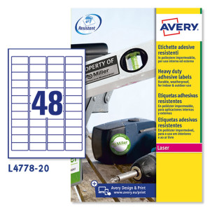 POLIESTERE ADESIVO L4778 BIANCO 20FG A4 45,7X21,2MM (48ET/FG) LASER AVERY COD. L4778-20