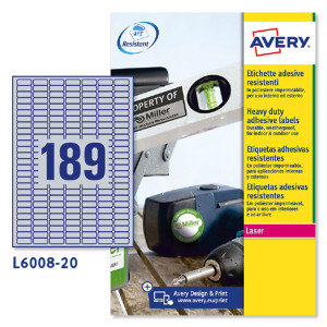 POLIESTERE ADESIVO L6008 ARGENTO 20FG A4 25,4X10MM (189ET/FG) LASER AVERY COD. L6008-20