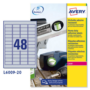POLIESTERE ADESIVO L6009 ARGENTO 20FG A4 45,7X21,2MM (48ET/FG) LASER AVERY COD. L6009-20