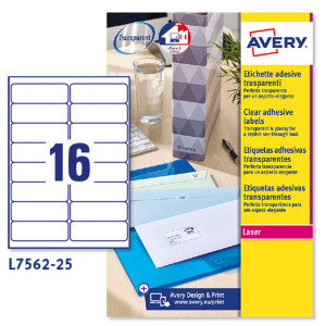 POLIESTERE ADESIVO L7562 TRASPARENTE 25FG A4 99,1X34MM (16ET/FG) LASER AVERY COD. L7562-25