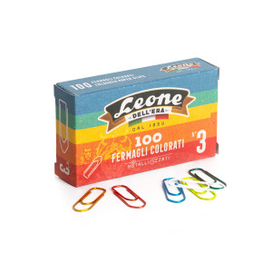 SCATOLA 100 FERMAGLI COLORATI E METALLIZZATI N.3 MM28 LEONE COLOR COD. FX103 CONFEZIONE DA 10
