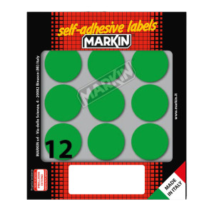 ETICHETTA ADESIVA VERDE TONDA D34MM (10FOGLI X 12ETICHETTE) MARKIN COD. 10009VE