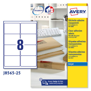 POLIESTERE ADESIVO J8565 TRASPARENTE 25FG A4 99,1X67,7MM (8ET/FG) INKJET AVERY COD. J8565-25