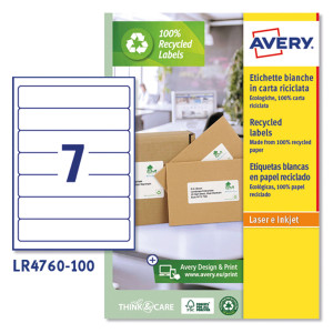ETICHETTE CARTA RICICLATA BIANCA PER RACCOGLITORI 38X192MM 7ET/FG -LASER- AVERY COD. LR4760-100