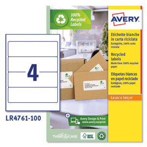ETICHETTE CARTA RICICLATA BIANCA PER RACCOGLITORI-61X192MM - 4ET/FG LASER AVERY COD. LR4761-100