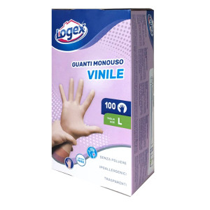 SCATOLA DA 100 GUANTI MONOUSO IN VINILE NON TALCATO TG. M/L LOGEX COD. B8LX-3478V03