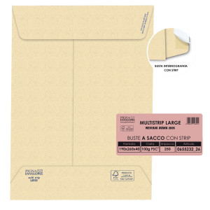 250 BUSTE AVANA 190X260X40MM 100GR C/SOFFIETTO E STRIP LARGEMAIL PIGNA COD. 065523226