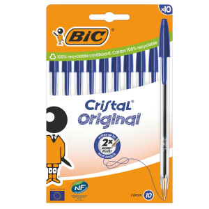 SCATOLA 10 PENNE SFERA CRISTAL ORIGINAL PUNTA 1,0MM BLU BIC COD. 516352 CONFEZIONE DA 10