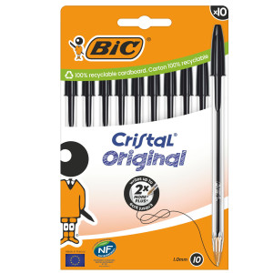 SCATOLA 10 PENNE SFERA CRISTAL ORIGINAL PUNTA 1,0MM NERO BIC COD. 516353 CONFEZIONE DA 10