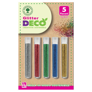 BLISTER 5 FLACONI GLITTER BIO GRANA FINE 10ML COLORI ASSORTITI DECO COD. 13390/A5
