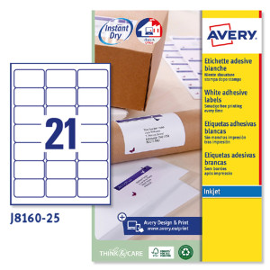 ETICHETTA ADESIVA J8160 BIANCA 25FG A4 63,5X38,1MM (21ET/FG INKJET AVERY COD. J8160-25