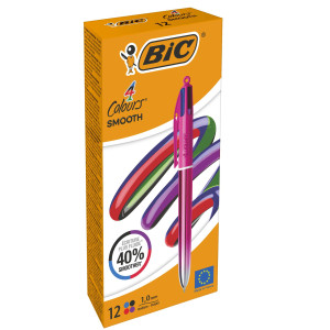 SCATOLA 12 PENNA SFERA A SCATTO 4 COLORI SMOOTH FUSTO ROSA 1.0MM BICÂ® COD. 303084