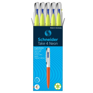 PENNA A SFERA TAKE 4 A QUATTRO COLORI PUNTA M FUSTO GIALLO FLUO SCHNEIDER COD. P138125 CONFEZIONE DA 10