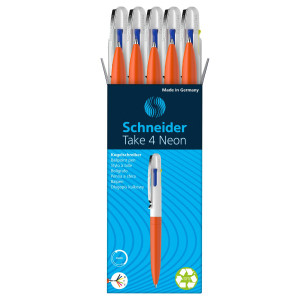 PENNA A SFERA TAKE 4 A QUATTRO COLORI PUNTA M FUSTO ARANCIONE FLUO SCHNEIDER COD. P138126 CONFEZIONE DA 10