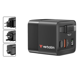 CARICABATTERIE DA MURO GAN 65W 2 PORTE CON CAVO RETRATTILE_VERBATIM COD. 32217